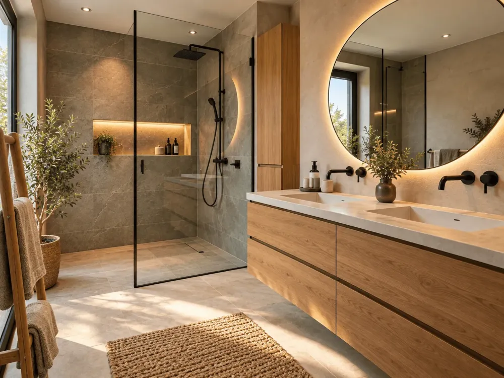 Salle de bain avec miroir unique ovale