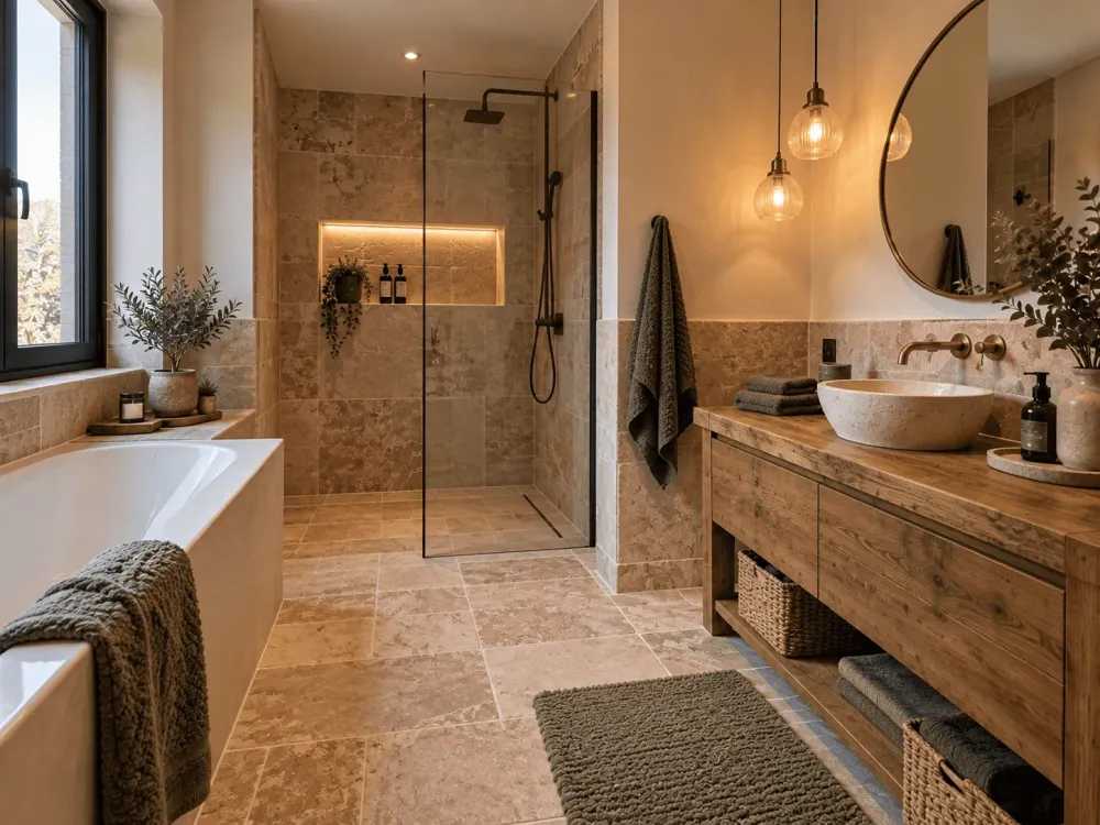 Salle de bain avec sol et murs en pierre