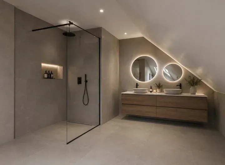 Salle de douche avec miroirs ronds